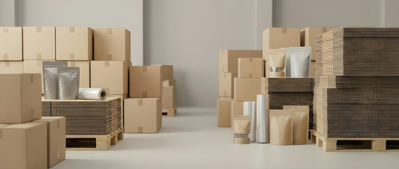 Packed cartons and supplies ready for dispatch